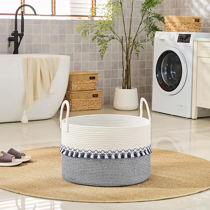 KAKAMAY Large Blanket Basket with Handles, Storage Basket for Living Room | Extra Large Capacity | Natural Cotton Rope | Blanket Storage | Woven Storage Basket | Stuffed Animal Storage | Laundry Basket