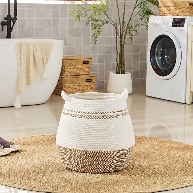 KAKAMAY Large Cotton Rope Woven Basket for Storage (17"x17"), Collapsible Laundry Hamper for Baby, Blanket Basket for Organizing Living Room, Nursery, Clothes, Toy Chest, Brown Stripes