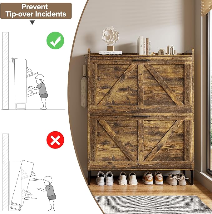 EOYUTLLY Shoe Cabinet for Entryway with 2 Flip Drawers,Narrow Wooden Shoe Storage Cabinet with Metal Legs,Hold 24 Pairs, 4-Tier Adjustable Shelves–Freestanding Hidden Shoe Organizer for Hallway, Foyer