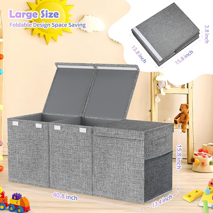 Extra Large Toy Box with Lids, Large Storage Chest Organizer, 40"x14"x16" | Collapsible Sturdy Kids Toy Chest Bins with Dividers for Boys Girls, Nursery Bedroom Playroom Organization, Gray