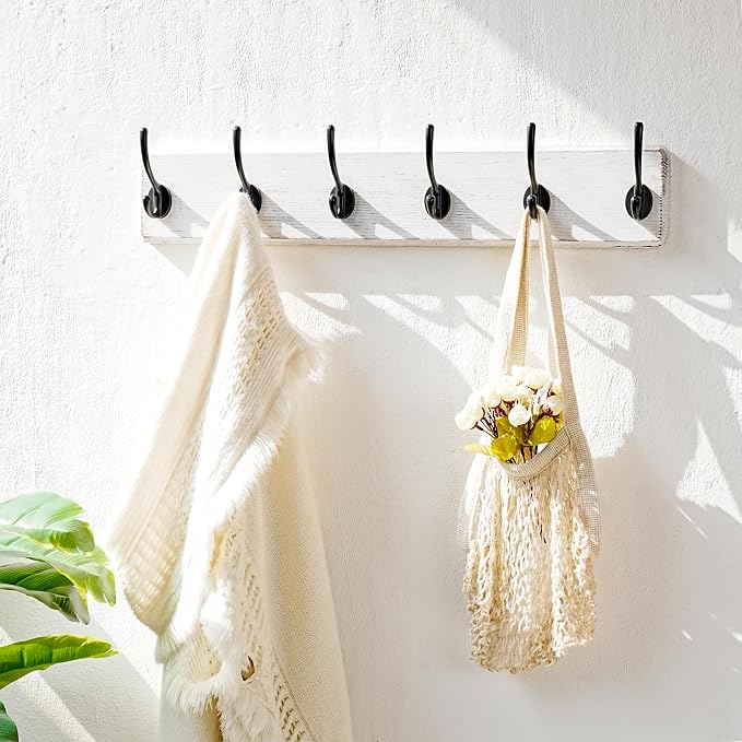 Wall Mounted Coat Rack: 24" Long, Patented, Heavy-Duty, 6-Double-Hooks Wooden Hanger Rail for Winter Coats, Hat, Jacket, Clothing - White & Black, Pack of 2