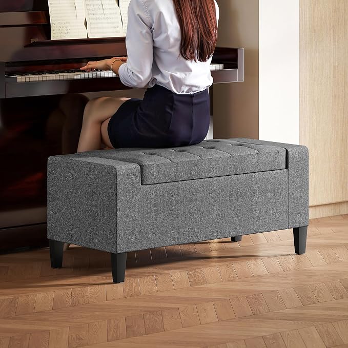 HOMCOM 36" Ottoman with Storage, Lift Top Rubberwood Legs 330 lb Gray | Storage Ottoman Bench, Linen Upholstered Entryway Seat, Living Room, Bedroom