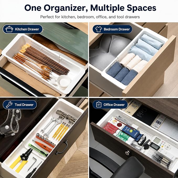 2-Pack Expandable Drawer Organizer for Deep Drawers, Adjustable 17–27 in Storage Tray, Durable PP Smooth Glide Divider for Kitchen, Vanity & Office, Space-Saving Design