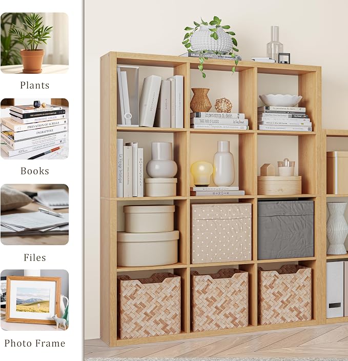VDNEND Cube Storage Organizer Bookcase, Decorative 11 inch Open Back Cubical Shelf with Thickened Border, Display Bookshelf for Living Room, Home Office, Sturdy Room (Natural Oak, 12 Cube)