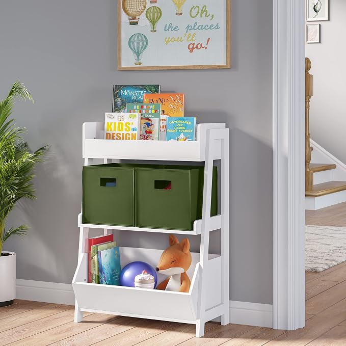 RiverRidge Folding Storage Bins - 2-pack of 10in Tall Olive Cubes | Fabric Bins, Set of 2 Storage Cubes, Cut-out Handles, Playroom Closet Organizer, Collapsible Cubby with Bottom Board Insert