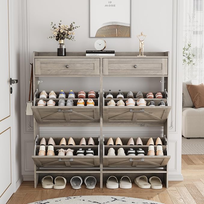 Shoe Cabinet with 4 Flip Drawers & 2 Top Drawers, 43" Tall Freestanding Narrow Wooden Shoe Storage Organizer for Entryway, Hidden Slim Shoe Rack for Front Door Entrance, Hallway, Living Room, Grey