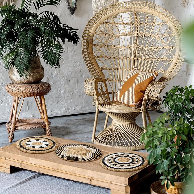 Glenmal 3 Pcs Boho Wall Basket Decor Decorative Bulrush Woven Basket Wall Decor Art Farmhouse Handmade Hanging Baskets with African Design for Living Room Display Table Settings Kitchen Home(Vivid)