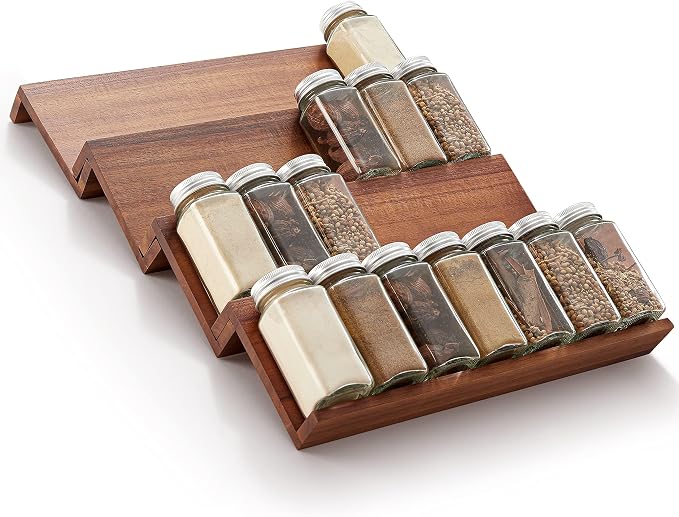 Tinamo Acacia Wooden Spice Rack Organizer for Cabinet - Spice Drawer Insert, Spice Organization for Cabinet, Seasoning Organizer, Spice Holder Pack of 4 (Acacia pack 4) | Acacia Wood Construction, No assembly Required, Stackable 4-tray Design, Spacious...