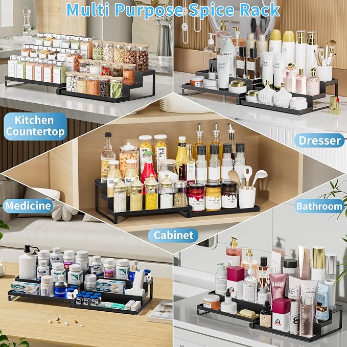 BOIVSHI Spice Rack Organizer for Cabinet, Spices Neatly Organized | Expandable Spice Rack, Metal Spicy Shelf, 3 Tier Seasoning Organizer for Cabinet, Countertop, Pantry, Black