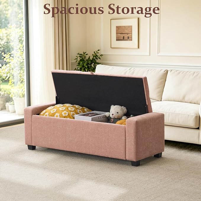 Royal Windsor 48" Ottoman with Storage,Tufted Storage Bench with Safety Hinge,Holds up to 350 lb,Upholstered Bench with Seating for Bedroom,Living Room,Entryway,Linen Pink