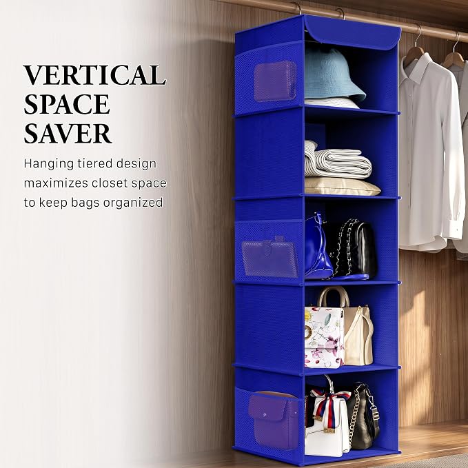 Simple Houseware 5 Shelf Hanging Closet Organizer, Dark Blue | 360° Rotating Dual Hooks, Top Support Metal Frame, 6 Side Mesh Pockets