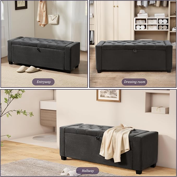 Royal Windsor Ottoman with Storage,Tufted Storage Bench with Safety Hinge,Holds up to 350 lb,Upholstered Bench with Seating for Bedroom, Living Room,Entryway,Linen Dark Gray