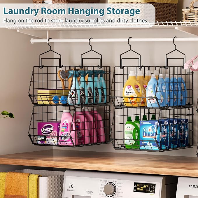 6-Tier Extended Depth Hanging Closet Organizers and Storage for Closet Organization, Stackable Hanging Shelves with Hooks for Clothes Sweaters Towels Purses, Fits Closet Shelves & Wire Metal Shelving