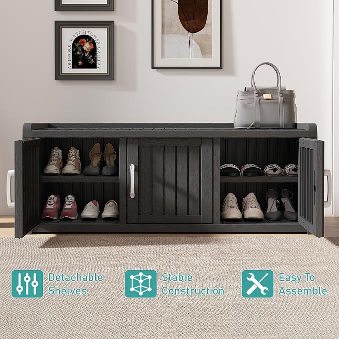 Outdoor Shoe Storage Cabinet Waterproof UV-Resistant, Entryway Storage Bench Indoor Outdoor with 3 Barn Doors, Adjustable Shelves for Entryway, Bedroom, Hallway,Living Room(Black)