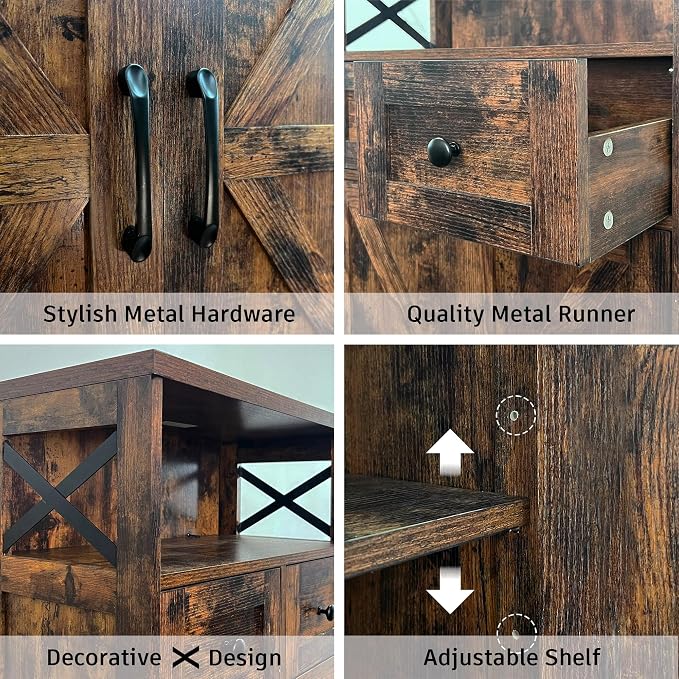 Farmhouse Storage Cabinet with Drawers, Small Kitchen Pantry Cabinet, Brown | Accent Coffee Bar Cabinet Cupboard, 2 Drawers, 2 Barn Doors & Adjustable Shelves, for Kitchen/Entryway/Living Room/Bathroom