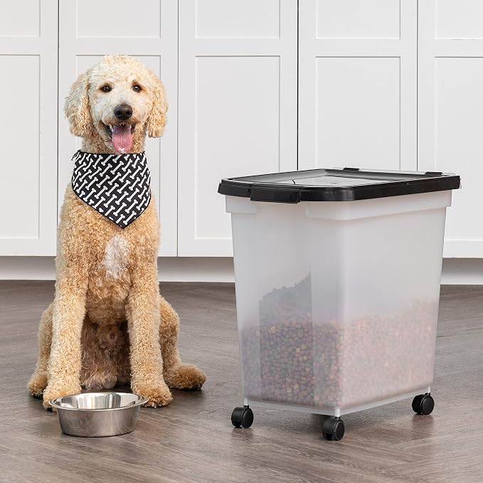 IRIS USA Dog Food Storage Container, Up to 50 lbs, Black, Made in USA | Wheels for Mobility, Airtight Seal, BPA-Free, Best for Bird Seed, Cat food, Cat Litter, Chicken Feed, Pellets