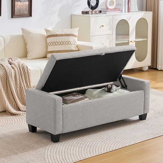 Huatean Home 43" Ottoman with Storage, Light Gray Storage Ottoman Bench | Upholstered Entryway Bench with Seating for Bedroom, Living Room with Safety Hinge, Holds up to 330 lb