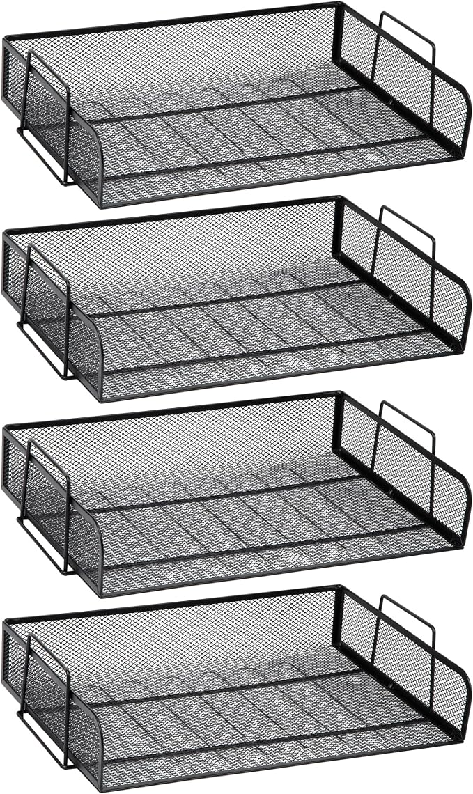 Mind Reader Stackable Paper Tray, Desktop Organizer, File Storage, Office, Metal Mesh, 4 Pcs., Black (Pack of 4)