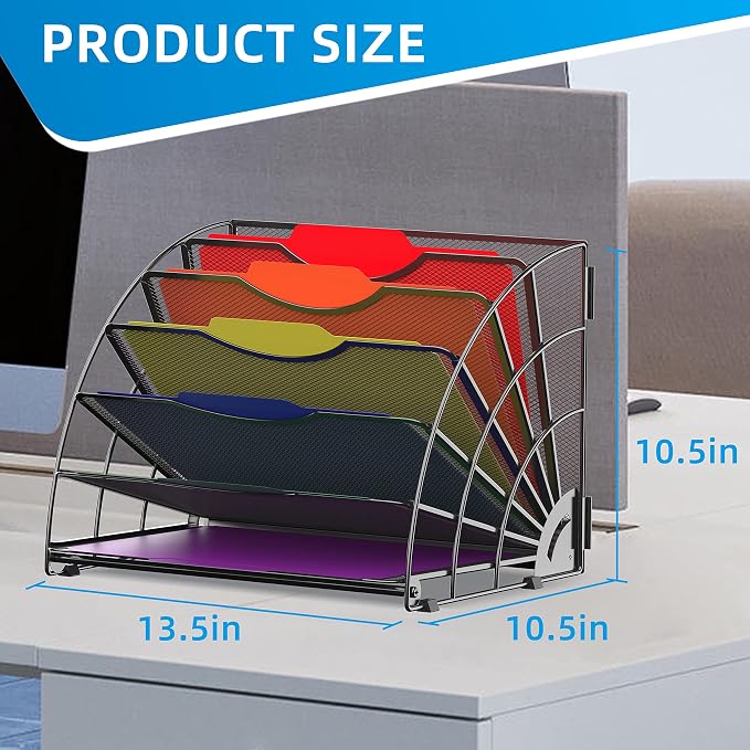 Fan Shaped Desk File Organizer, 6-Compartment File Holder for Desk | Metal mesh frame, tiered open design for easy access, organizes papers, folders and books for offices, schools and classrooms