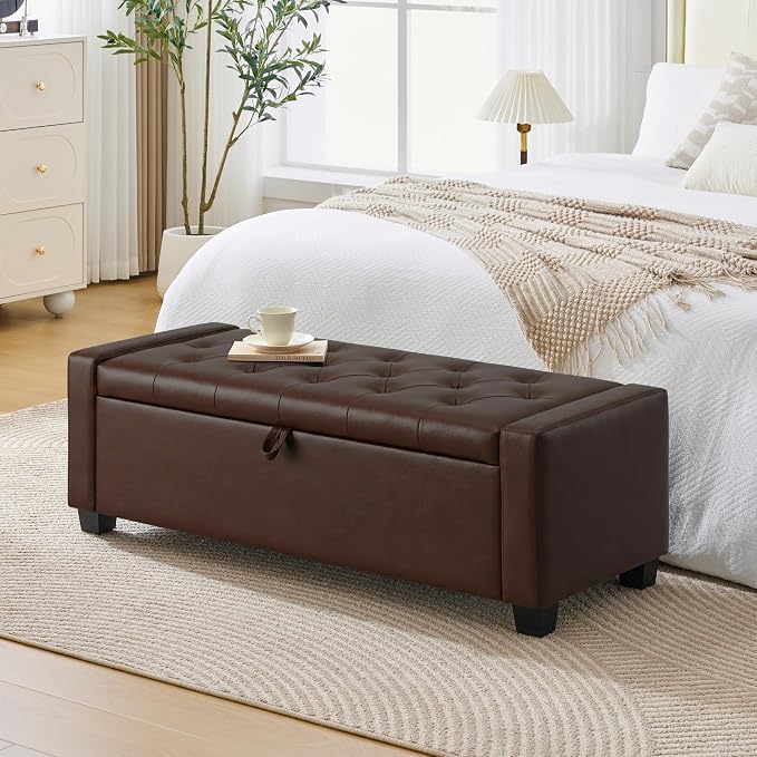Huatean Home 48" Ottoman with Storage, Dark Brown Storage Ottoman Bench | Upholstered Entryway Bench with Seating for Bedroom, Living Room, with Safety Hinge, Holds up to 330 lb