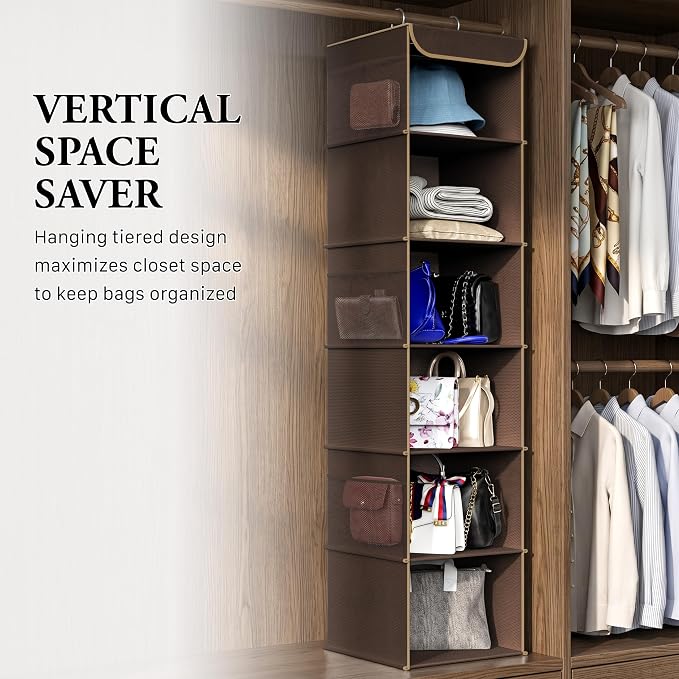 Simple Houseware 6 Shelf Hanging Closet Organizer, Brown | 360° Rotating Dual Hooks, Top Support Metal Frame, 6 Side Mesh Pockets