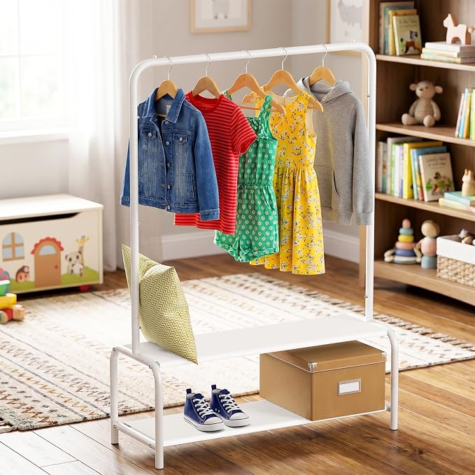 Simple Houseware Kids Freestanding Clothing Garment Rack with Shelf, White | With 600D Fabric Shelves & Hanger Stoppers