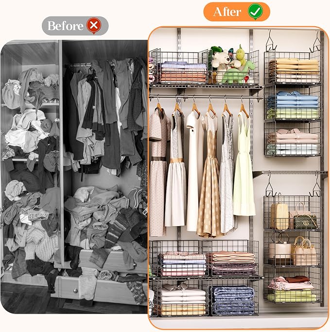 Sonyabecca 3-Tier Hanging Closet Organizers and Storage, Foldable Stackable Wire Basket Bins with 5 S Hooks, Space-Saving Hanging Closet Shelf for Clothing, Sweaters, Handbags, Hats,Purse