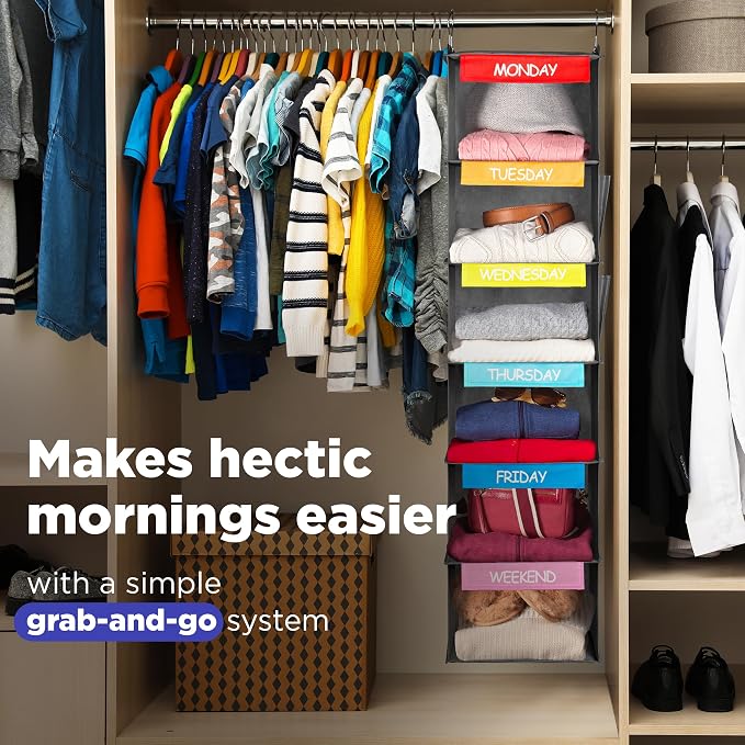 Handy Laundry Hanging Clothes Organizer for Kids - 6-Shelf Closet Daily Clothing Organization Labeled Shelves with Days of The Week Monday Through Friday, Weekday and Weekend (Grey-Colored)