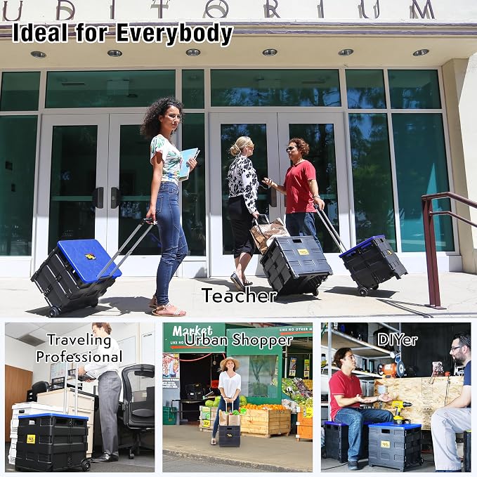 dbest products Quik Cart Collapsible Rolling Crate on Wheels for Teachers Tote Basket, 80 lbs Capacity, Blue Lid Made from Heavy Duty Plastic and used as a Seat | with Wheels, Roll Up to 80 lbs Capacity, Heavy Duty Plastic Construction, Telescoping Han...