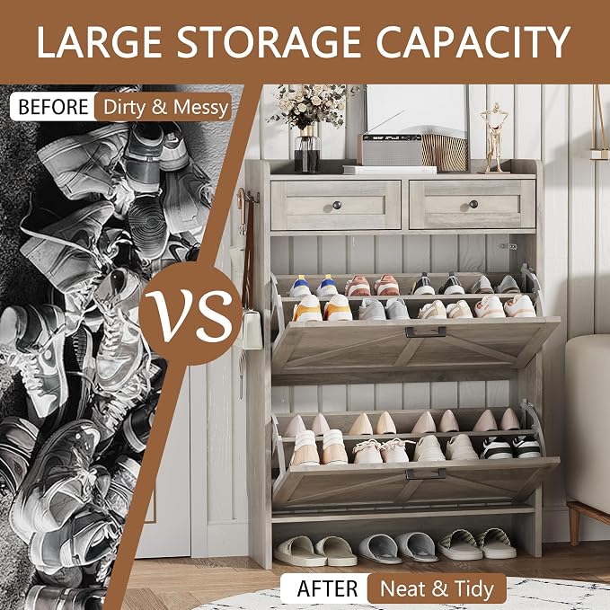 Shoe Cabinet with 2 Flip Drawers & 2 Top Drawers, 43" Tall Freestanding Narrow Wooden Shoe Storage Organizer for Entryway, Hidden Slim Shoe Rack for Front Door Entrance, Hallway, Living Room, Grey