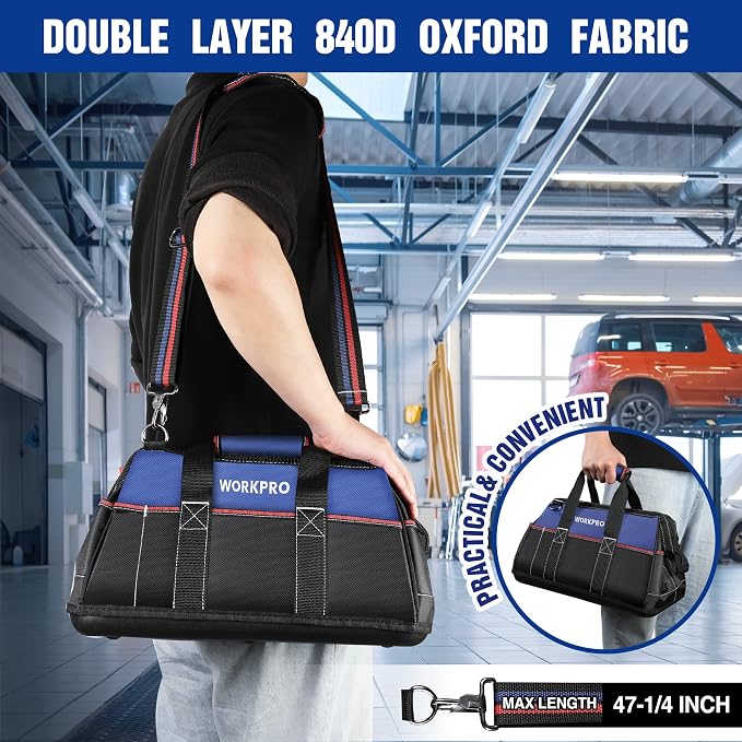WORKPRO 16-inch Wide Mouth Tool Bag with Water Proof Molded Base | Multi-Pocket, Heavy Duty Cloth, Adjustable Shoulder Strap, Double-pull Zipper, For Workshops, Outdoor Projects