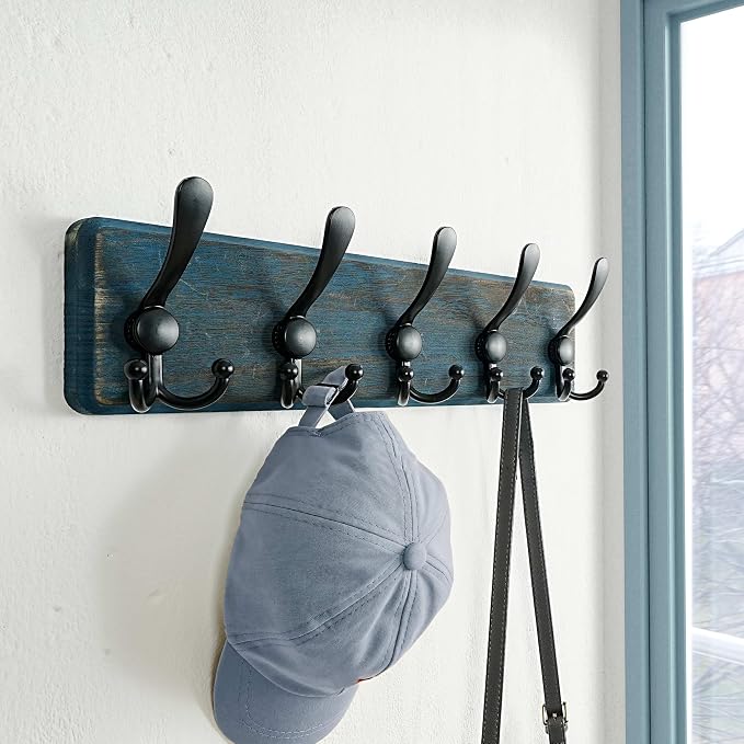 Coat Rack Wall Mount - Heavy-Duty Robust Barnwood-Style Wooden Wall Coat Hanger Hook Rail with 5 Triple Hooks for Winter Coats Hat Jacket Clothing, Weathered Blue & Black, Pack of 2