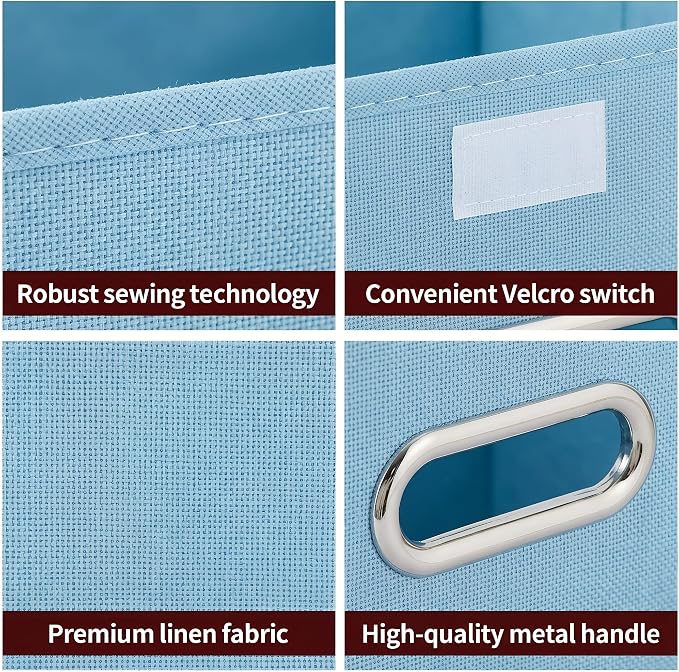 STOREONE Fabric Storage Cube Bins Foldable Organizer Container Collapsible Basket with Lids and Metal Handles, for Home, Bedroom, Closet 3 Pcs (multicolour-blue)