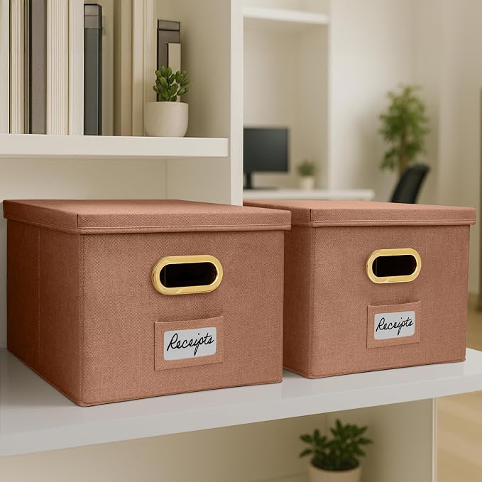 Decorative File Organizer Box Set of 2 - Collapsible Linen Filing Cabinets with Handles Are Perfect to Store All Your Documents & Hanging File Folders - Portable Easy Slide Office Crates with Lid
