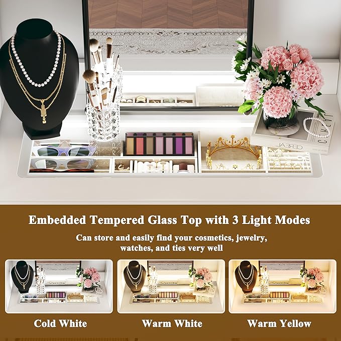 Large Corner Closet System Set with 6 Drawers & Shelves, 100'' Reversible Closet Organizer System with LED Lights & 8 Jewelry Hooks & Glasstop, Walk-in Closet with 4 Hanging Rods, L Shaped/Straight