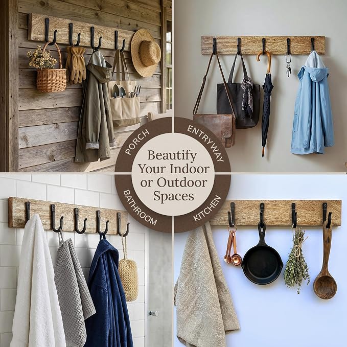 Cast Iron Spike Hooks (10 Hooks) Mounted on Two Natural Hardwood Boards (2 Pack) Decorative, Farmhouse Vintage Entry Hooks for Hanging Coats, Bags, Hats, etc (Black Hooks)