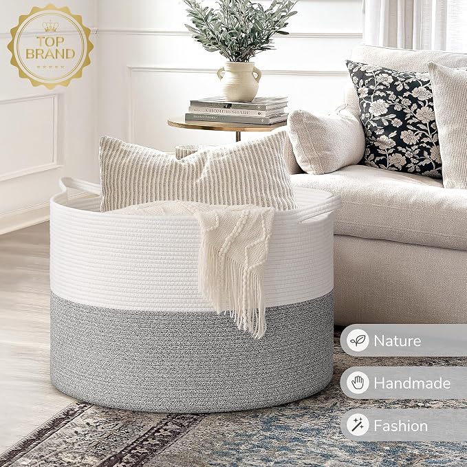INDRESSME 115L Extra Large Woven Rope Blanket Basket Living Room Light Grey | 23.6" x 15.7" Storage baskets for toys laundry & pillows. Fits living room, bedroom or nursery décor. Soft-touch with handles