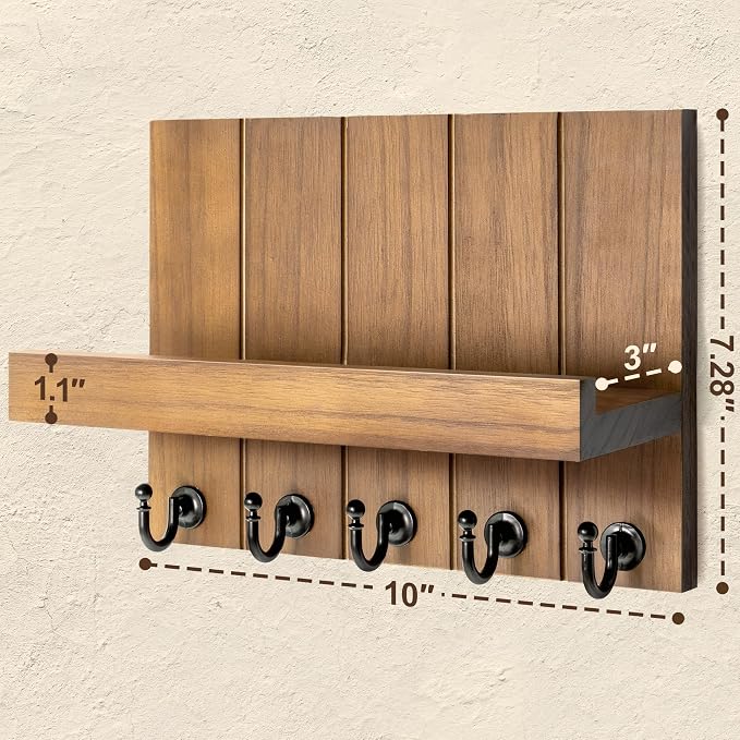 Rebee Vision Key Holder Wall Mount with 5 Key Hooks for Home Decor, Brown | 3.54'' x 10'' x 7.28'', Small Shelf for Display Plant, Key Hangers for Hat, Entryway Space-Saving Storage