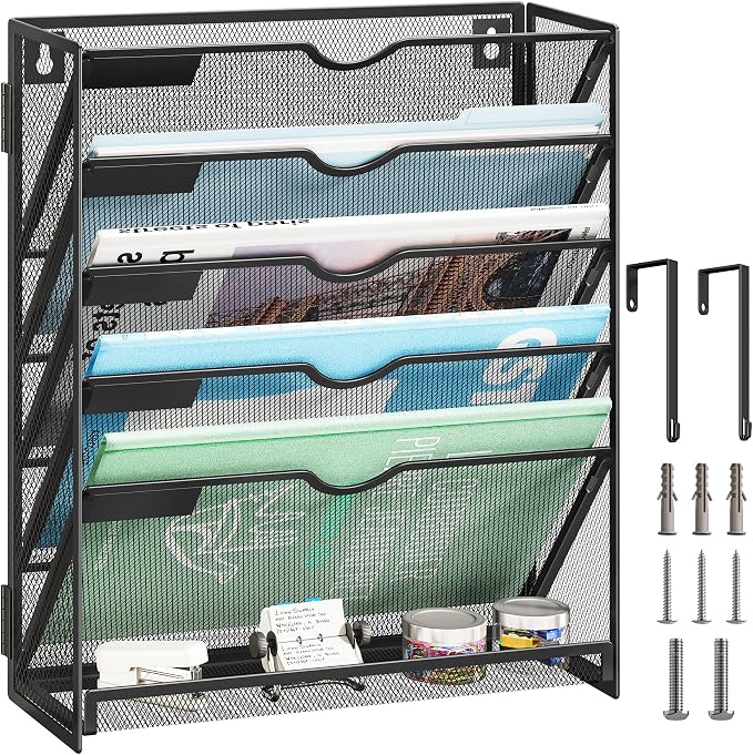Lavatino 6-Tier Hanging File Organizer, Wall Mount File Holder for Mails Folders Papers Magazine Organization, Vertical Document Organizer for Office Home - Black