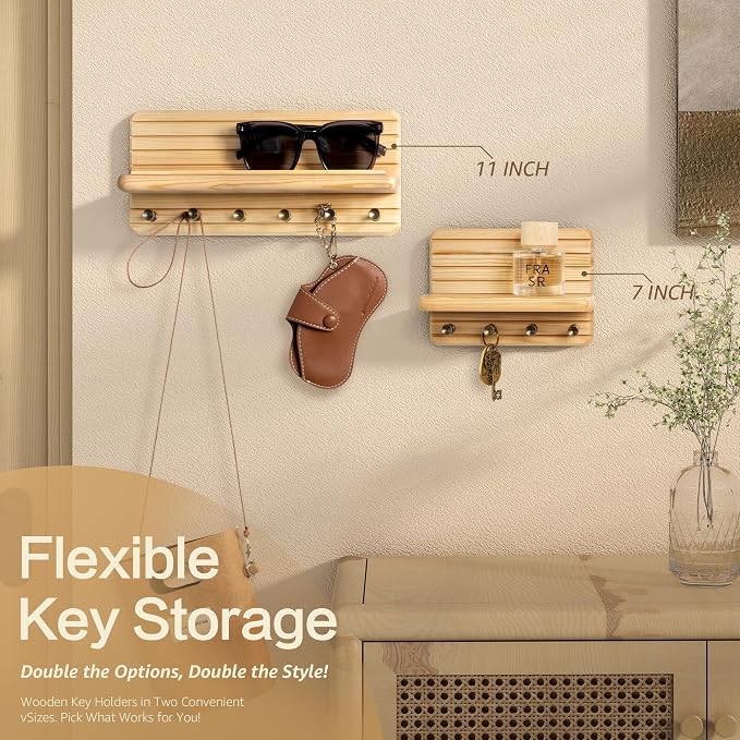 Rebee Vision Key Holder Wall Mount with 4 Hooks for Entryway, Natural Wood | 7-Inch, Pine Wood, Key Holder for Wall, Floating Shelf, Mail Organizer, Plant Display, Small-Space Organizer, Tidy Home Decor