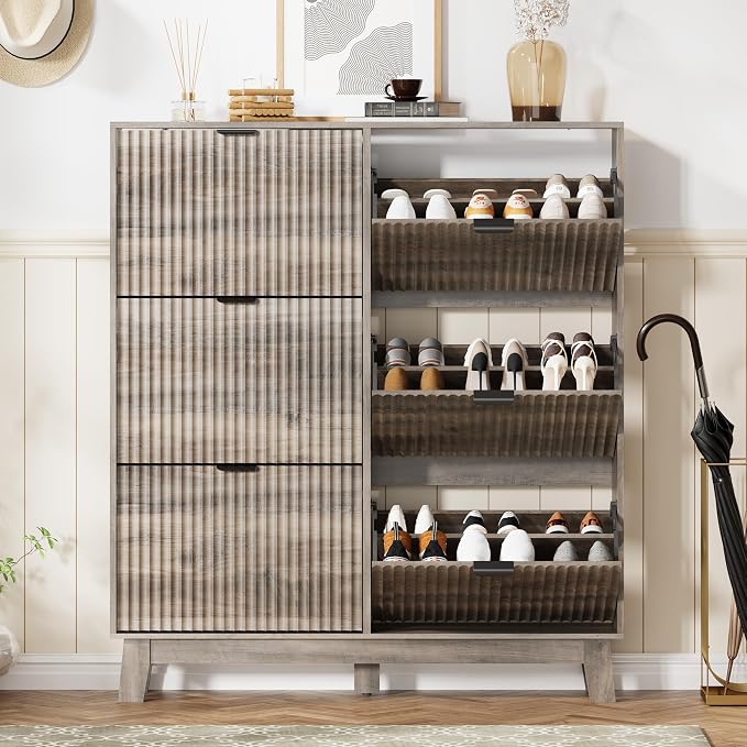 HUANLEGO Shoe Cabinet Storage for Entryway with 6 Flip Drawers, Grey | Fluted Narrow Shoe Organizer with Wooden Legs, Freestanding Entryway Shoe Storage, Hidden Shoe Rack for Front Door Entrance