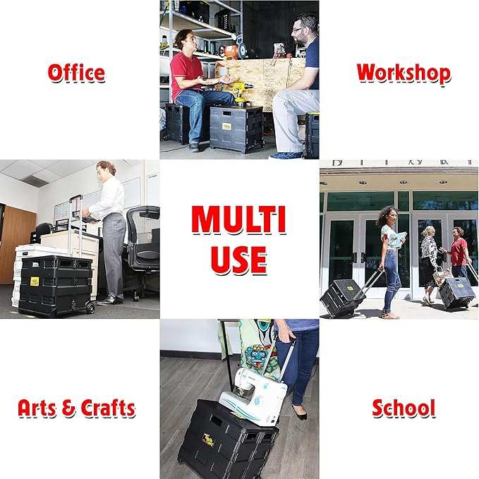 dbest Products Quik Cart Sport Collapsible Rolling Crate on Wheels for Teachers Tote Basket 80 lbs Capacity, Made from Heavy Duty Plastic, Black, Compact | Roll Up to 80 lbs Capacity, Heavy Duty Plastic Construction, Telescoping Handle, Foldable Utilit...