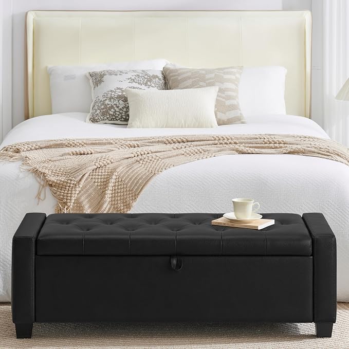 Huatean Home 48" Ottoman with Storage, Light Black Storage Ottoman Bench | Upholstered Entryway Bench with Seating for Bedroom, Living Room with Safety Hinge, Holds up to 330 lb