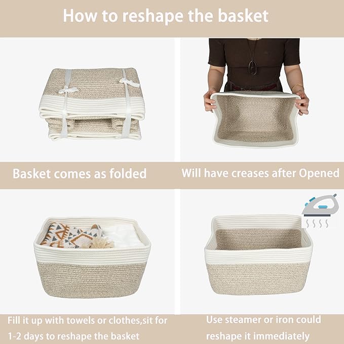 XUANGUO Woven Cotton Rope Storage Baskets 15x10x9.3" 3 Pack White and Brown | Decorative rectangular storage baskets for shelves and closets; storage bins organize clothes, toys, books and nursery items.