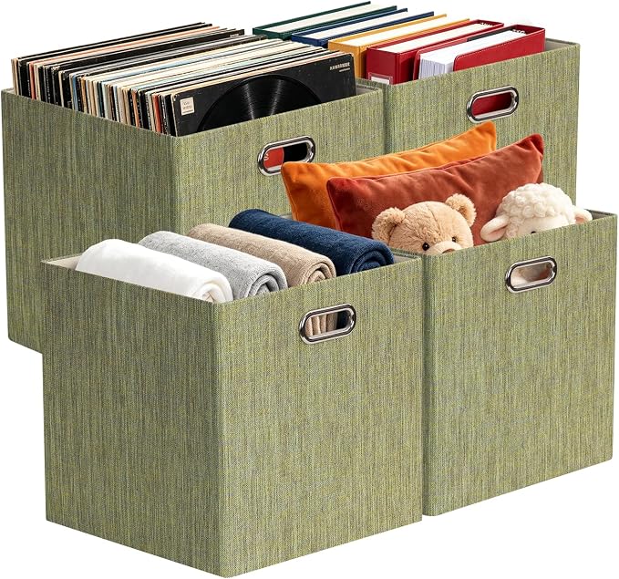 Posprica Storage Cubes, 13 x 13 x 13 Inches Fabric Bins with Double Handles | Cubes Basket Containers, For Shelf Cabinet Bookcase, Closet Organizers for Shelves, Foldable, Yellow/Brown Mixed, Set of 4