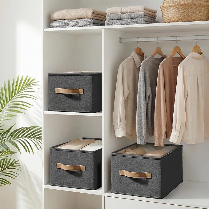 3-Pack Closet Storage Bins, Foldable Fabric Storage Baskets, Black | Thickened Rigid PP Panels, Cotton-linen Shelf Baskets, Measure 11.5"L x 8.75"W x 6.5"H for Clothes, Closets and Drawers