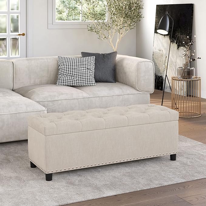 BELLEZE Storage Ottoman, Tufted Ottoman with Close Hinge, Foot Rest for Living Room (Beige, 47 inch)