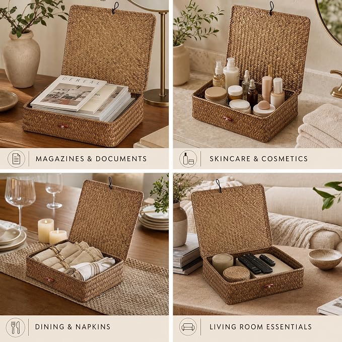 YANGQIHOME Set of 2 Seagrass Baskets with Lids, Rectangular Woven Storage Baskets, Natural Wicker Basket Boxes for Coffee Table, Shelf, Bathroom Counter & Closet Decor (Coffee, Set of 2)