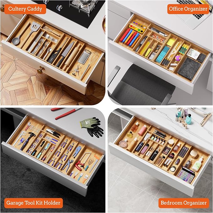 Silverware Organizer Large, Magnetic Connected Expandable 11 Slots Silverware Drawer Organizer From 21 to 37.4 Inches, Adjustable Flatware and Cutlery Holder, Bamboo Utensil Tray for Kitchen Natural