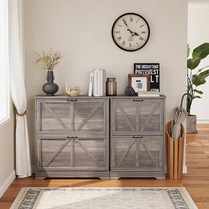 Semiocthome Farmhouse Shoe Storage Cabinet with 2 Flip Drawers, 31.5"(W) Freestanding Shoe Organizer with Barn Door and Metal Handles for Entryway, Rustic Narrow Slim Shoe Rack Cabinet - Washed Gray